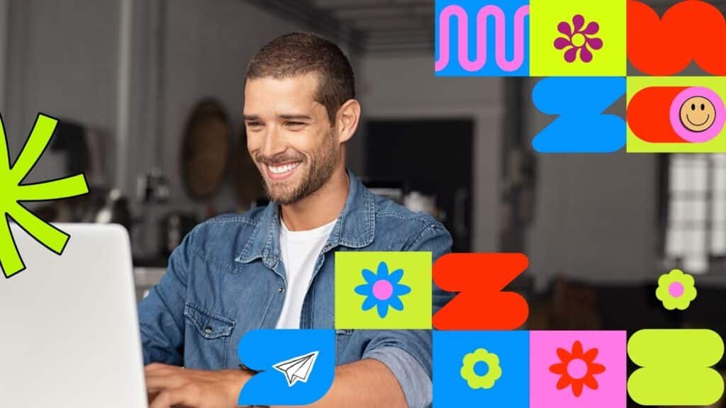 A smiling man working on a laptop, surrounded by colorful geometric patterns and doodles.