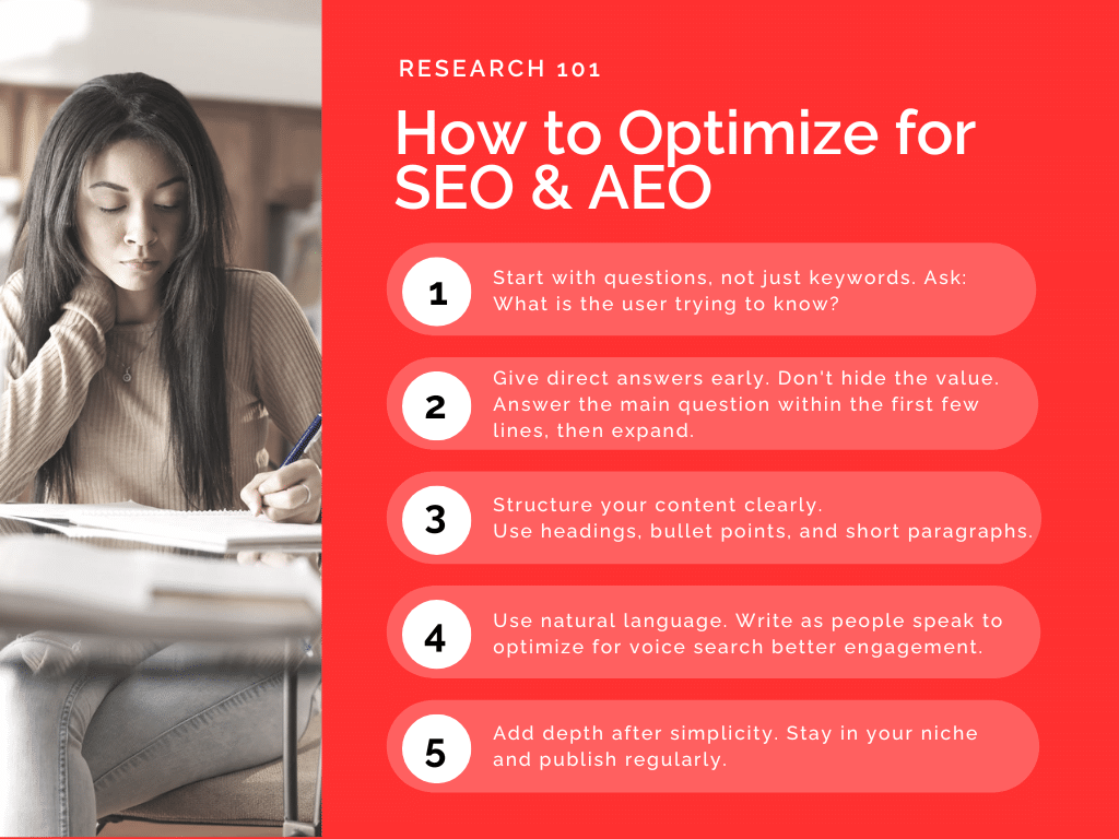 An infographic on a red background outlining five key steps to optimize content for SEO and AEO, alongside a photo of a woman studying at a desk.
